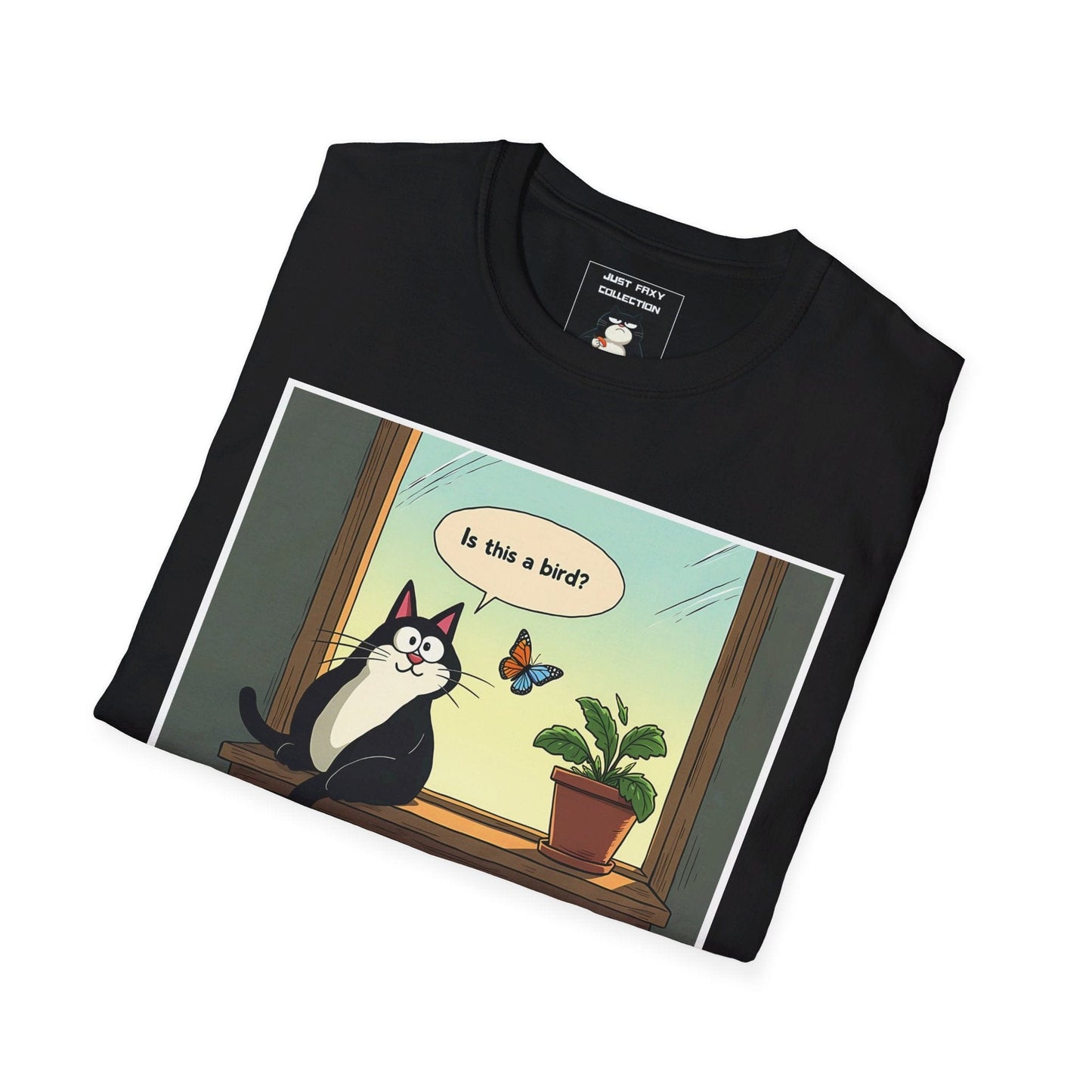 Just Faxy "Is This a Bird?" Tee – Curiosity Never Fails! 🦋🐱