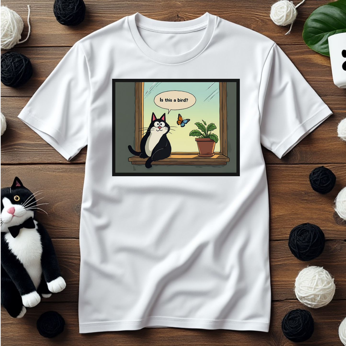 Just Faxy "Is This a Bird?" Tee – Curiosity Never Fails! 🦋🐱