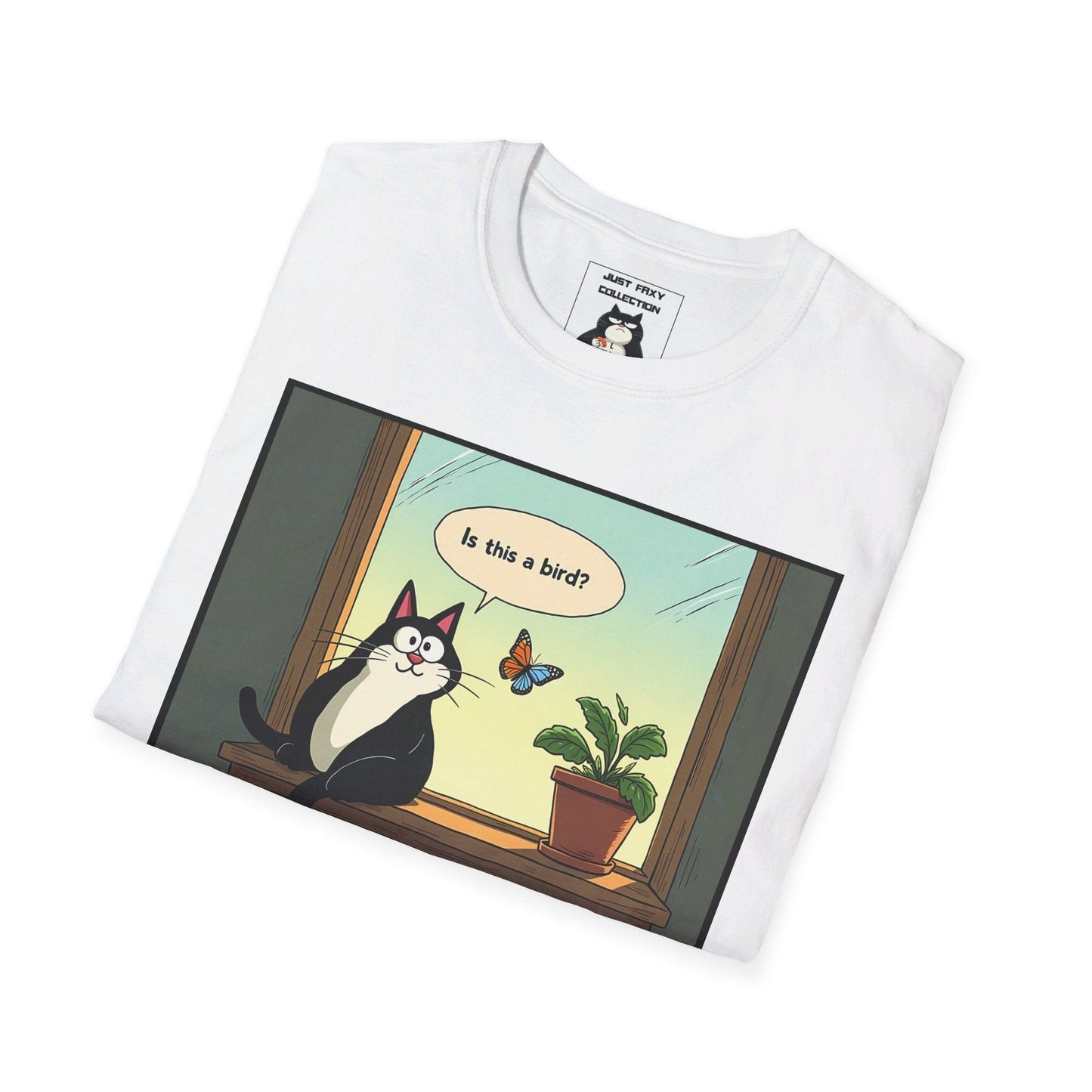 Just Faxy "Is This a Bird?" Tee – Curiosity Never Fails! 🦋🐱