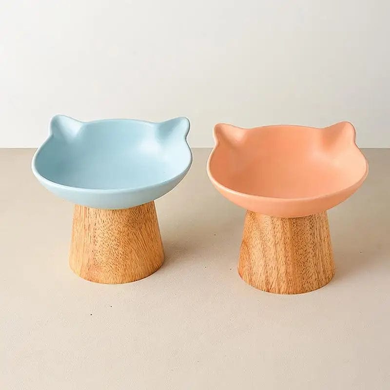 Ceramic Cat Food Bowls Elevated Porcelain Feeder Dish With Non-slip Wood Stand Wide Cat Food Bowl Feeding Watering Supplies