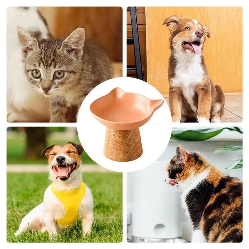 Ceramic Cat Food Bowls Elevated Porcelain Feeder Dish With Non-slip Wood Stand Wide Cat Food Bowl Feeding Watering Supplies