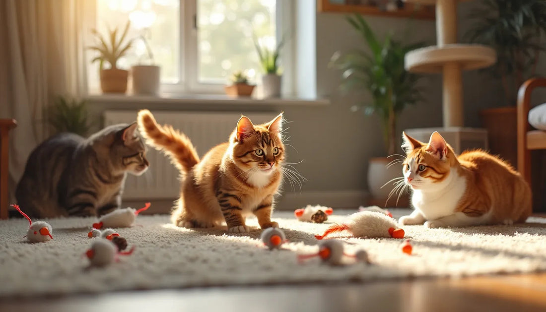 Create an image of a cozy living room filled with a variety of colorful and fun cat toys, such as interactive laser pointers, feather wands, puzzle feeders, and catnip-filled plush mice. Several playf