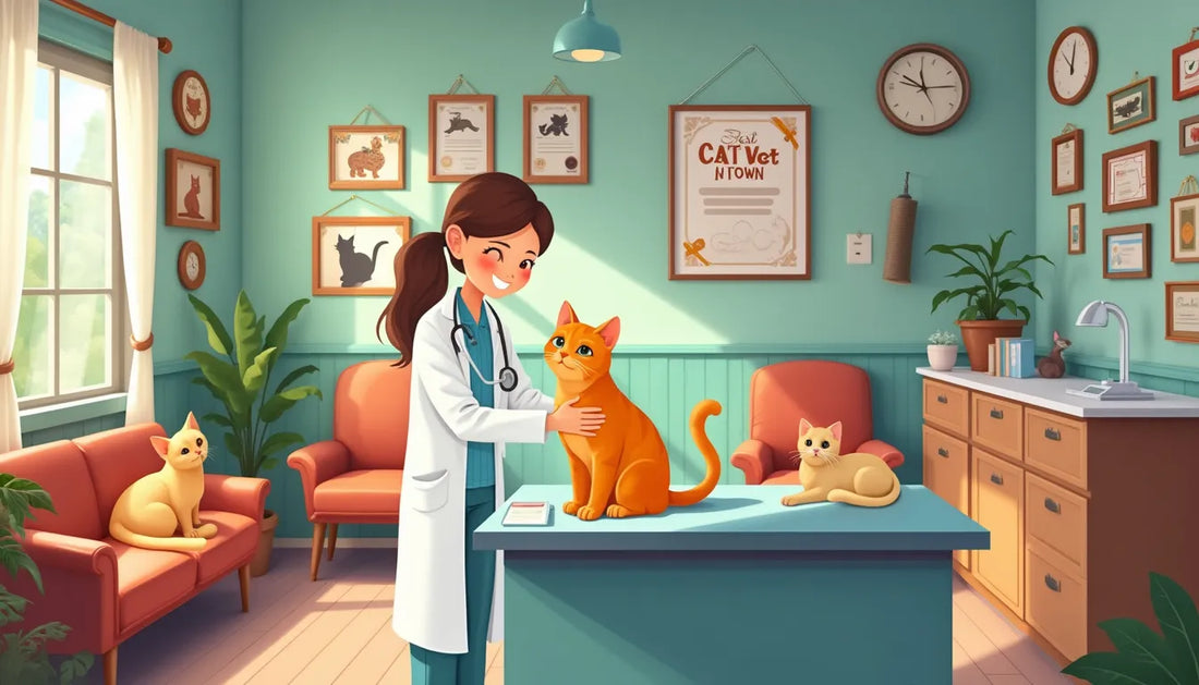 A scene showing a cozy and welcoming veterinary clinic specifically designed for cats. The clinic features cat-friendly waiting areas with comfortable seating, scratching posts, and cat toys. The wall