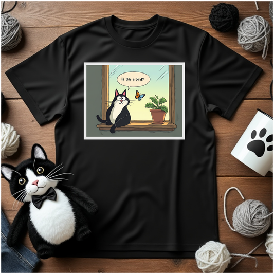 Just Faxy "Is This a Bird?" Tee – Curiosity Never Fails! 🦋🐱