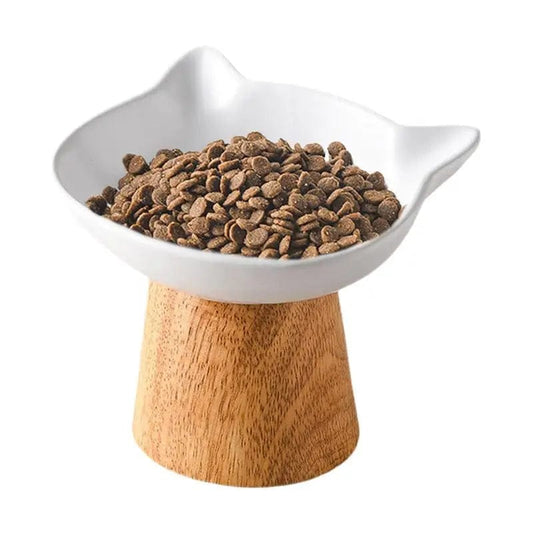 Ceramic Cat Food Bowls Elevated Porcelain Feeder Dish With Non-slip Wood Stand Wide Cat Food Bowl Feeding Watering Supplies