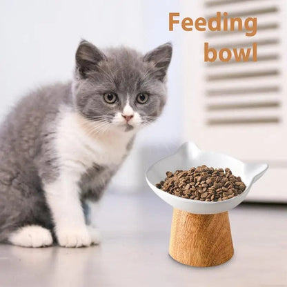 Ceramic Cat Food Bowls Elevated Porcelain Feeder Dish With Non-slip Wood Stand Wide Cat Food Bowl Feeding Watering Supplies